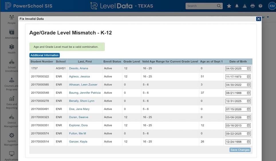 screenshot of bulk age/grade mismatch data