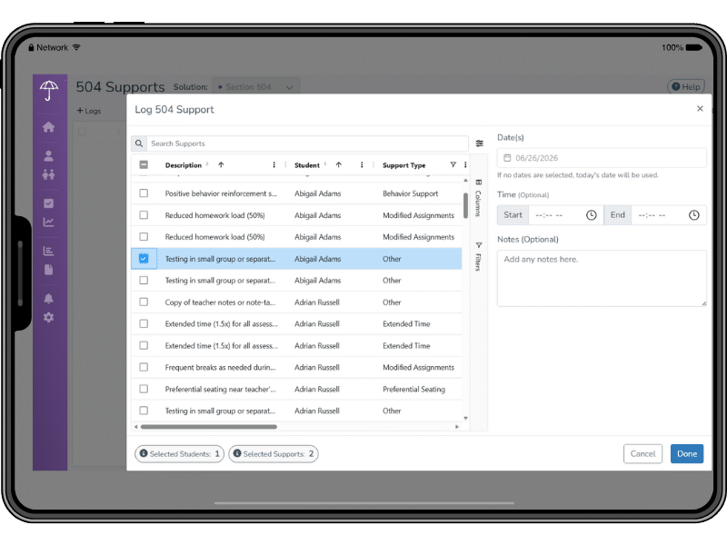 Screenshot of the Brolly 504 plan module that shows how to log that 504 plan accommodations were delivered.